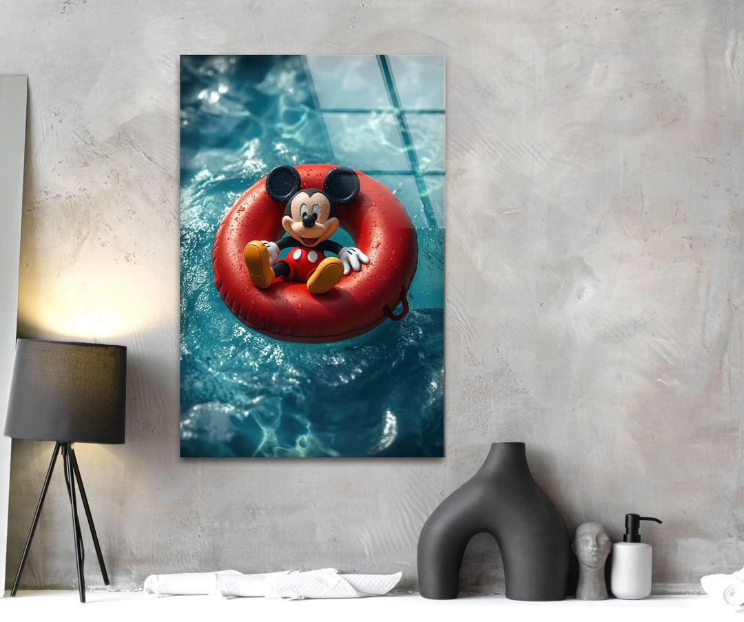 Mickey Mouse Swimming Glass Wall Art print picture on glass, Tempered Glass Wall Art
