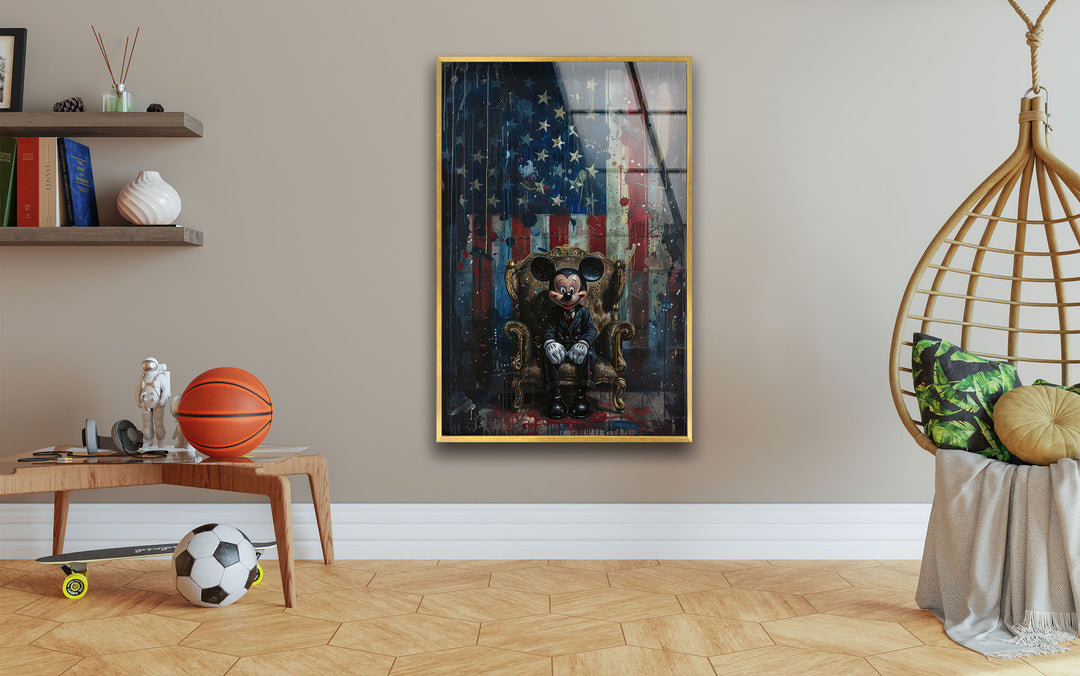 Mickey Mouse & US Flag Glass Wall Art custom glass photo prints, large glass prints
