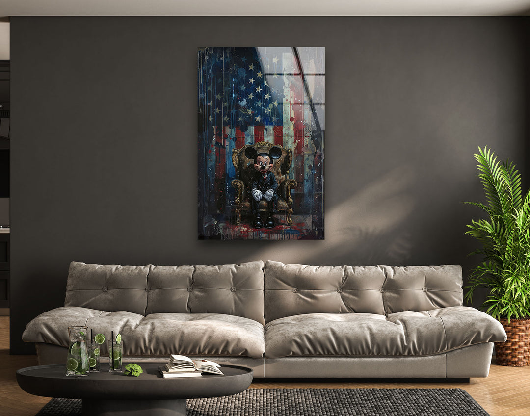 Mickey Mouse & US Flag Glass Wall Art custom glass pictures, glass art prints
