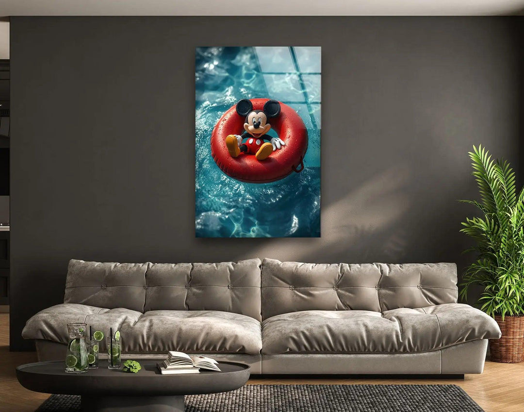 Mickey Mouse Swimming Glass Wall Art glass art painting, glass art for the Wall
