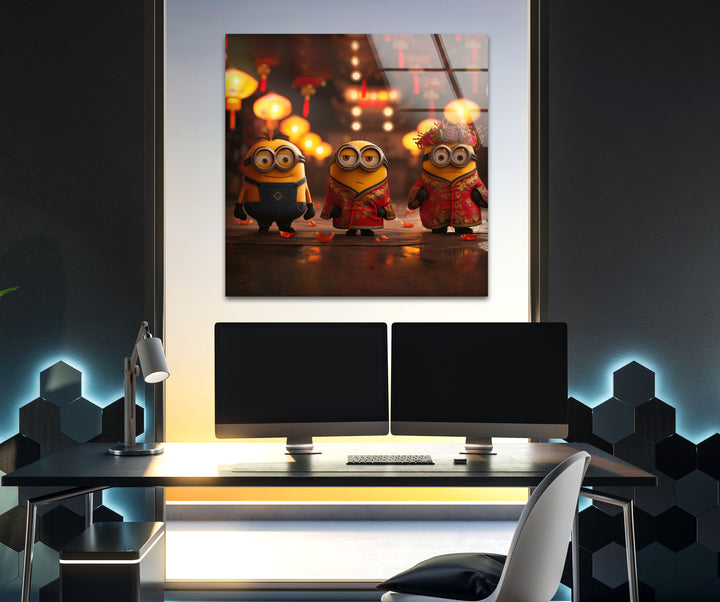 Chinese Fu Minion Glass Wall Art custom glass pictures, glass art prints
