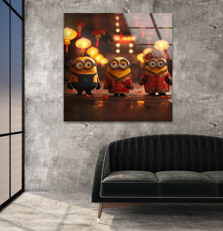 Chinese Fu Minion Glass Wall Art glass art painting, glass art for the Wall
