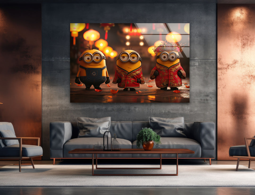 Chinese Fu Minion Glass Wall Art large glass photo prints, glass wall photos
