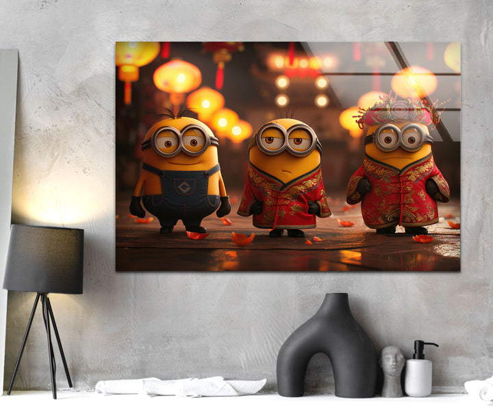 Chinese Fu Minion Glass Wall Art photo print on glass, prints on glass wall art
