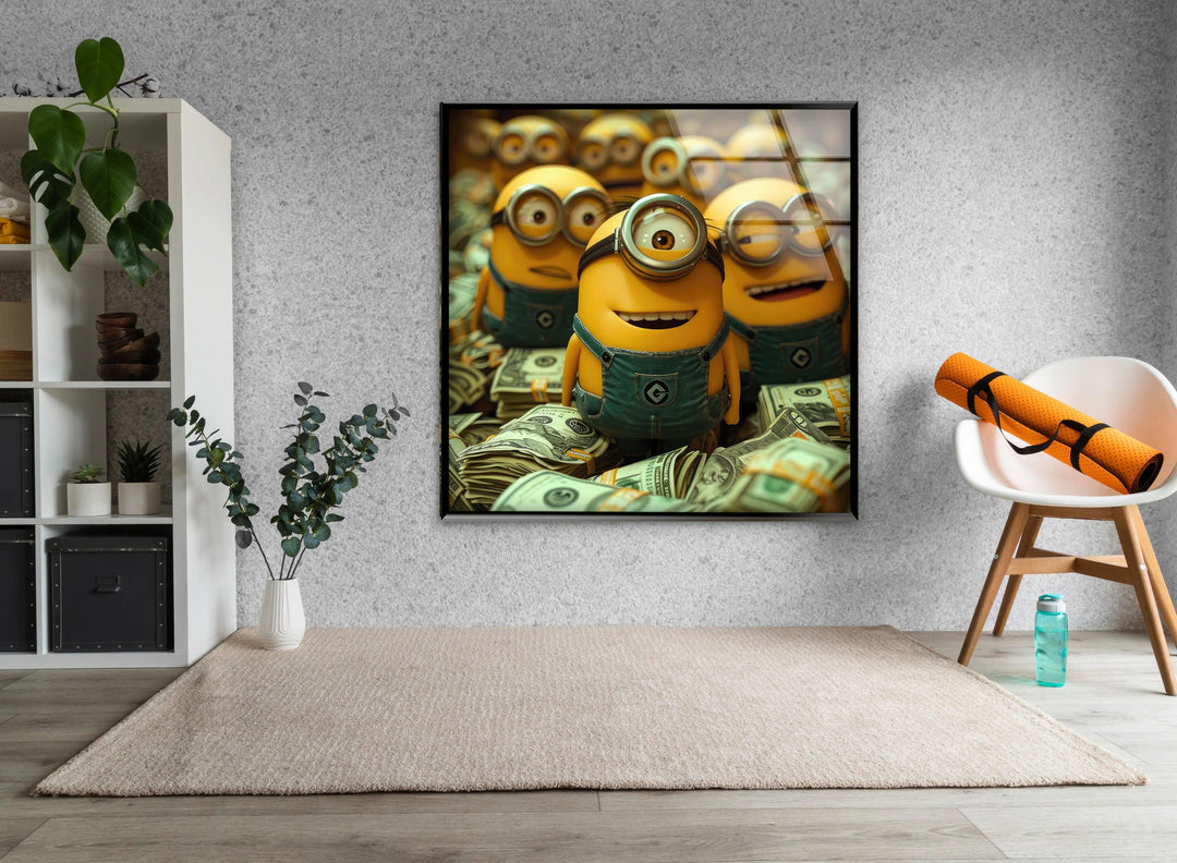 Minions Money Glass Wall Art picture on glass wall art, photos printed on glass
