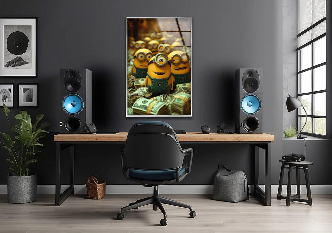 Minions Money Glass Wall Art photo print on glass, prints on glass wall art
