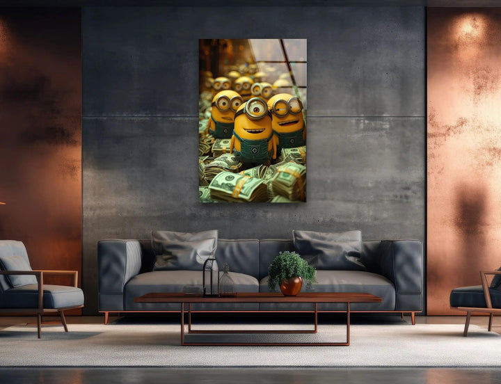 Minions Money Glass Wall Art print picture on glass, Tempered Glass Wall Art
