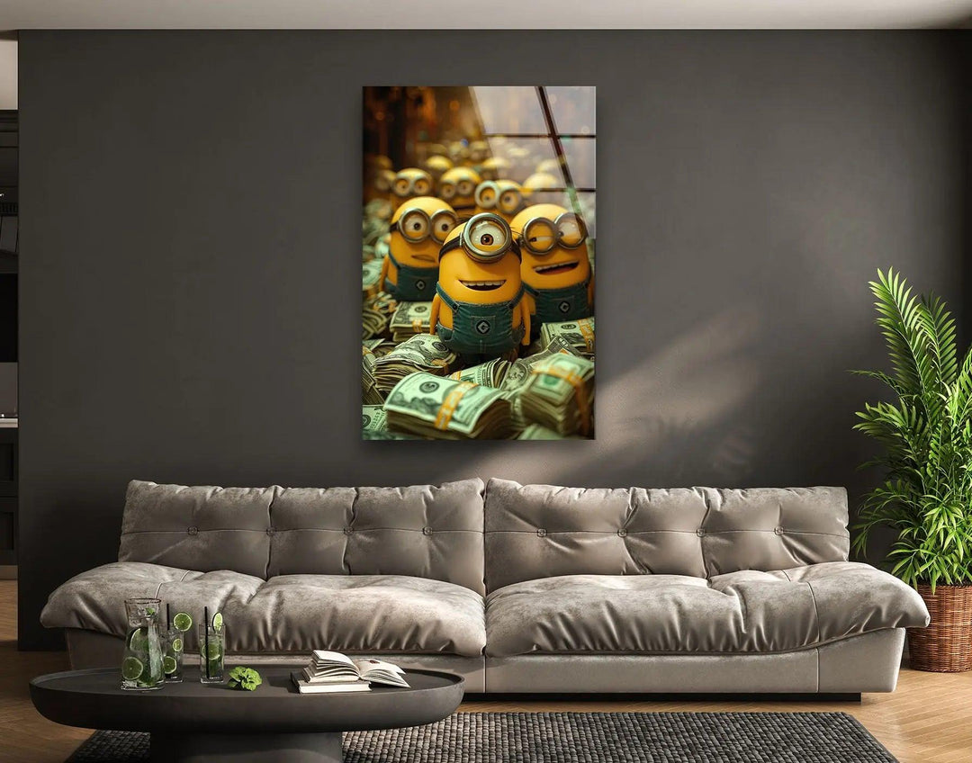 Minions Money Glass Wall Art custom glass photo prints, large glass prints
