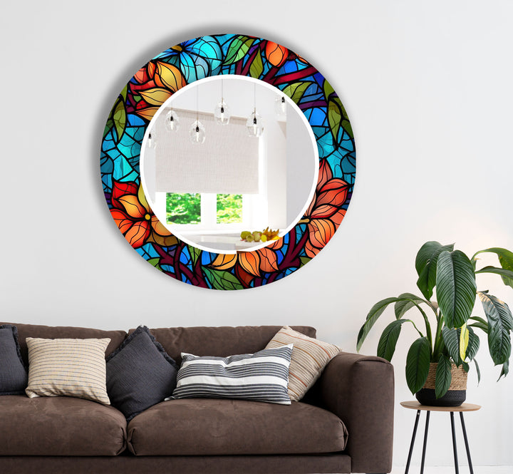 Orange & Blue Flowers Wall Mirror Black Wall Mirror
