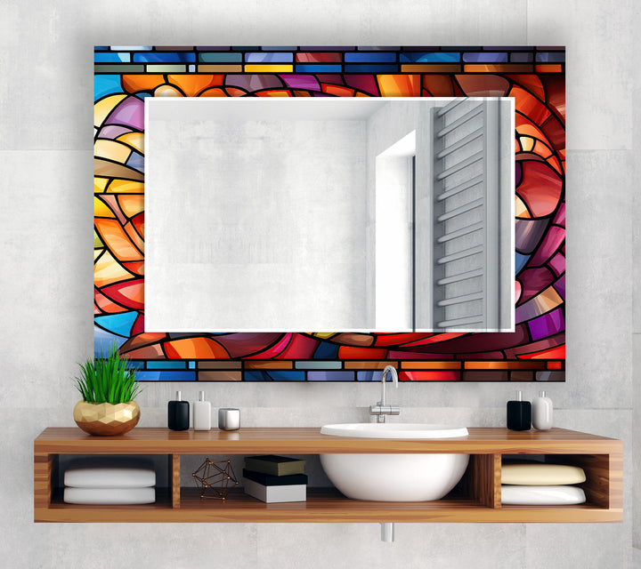 Blue & Orange Stained Wall Mirror Decorative Wall Mirror
