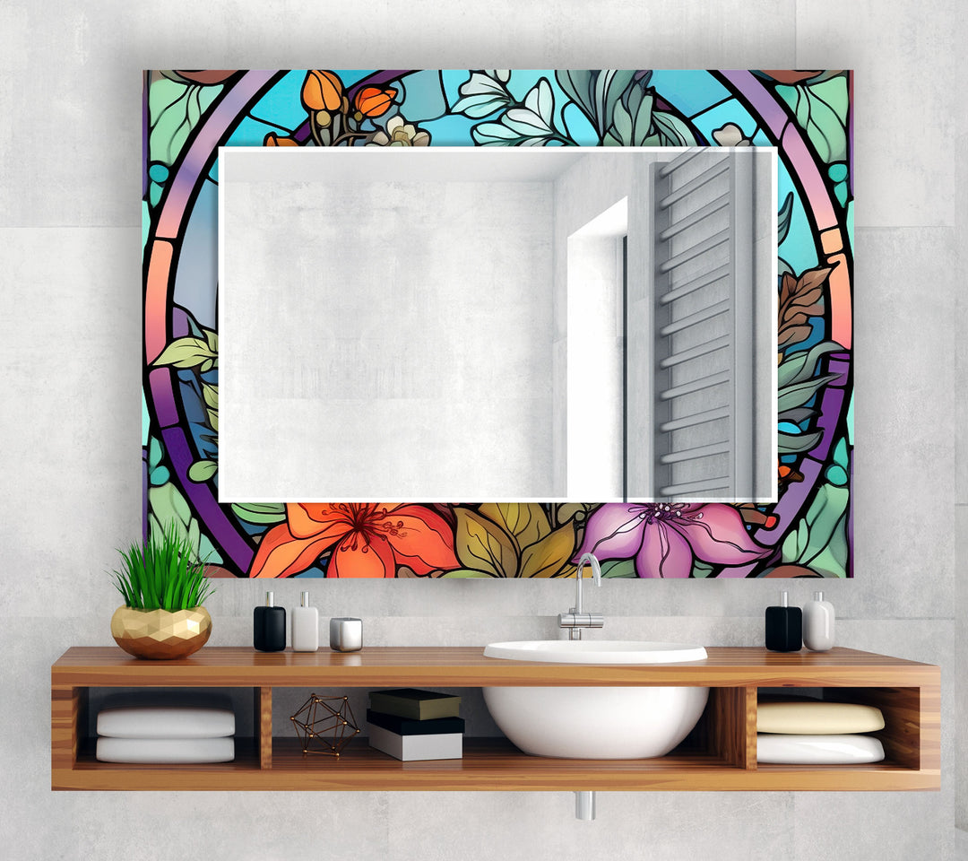 Green Stained Flower Wall Mirror Wood Mirror
