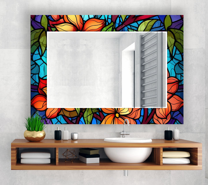 Orange & Blue Flowers Wall Mirror Small Mirror
