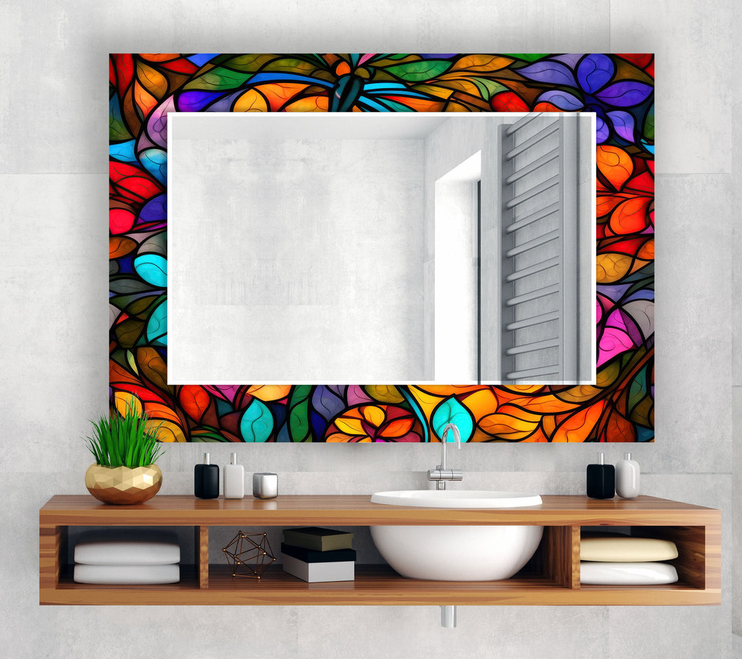 Stained Colorful Leafs Wall Mirror Marble Wall Mirror
