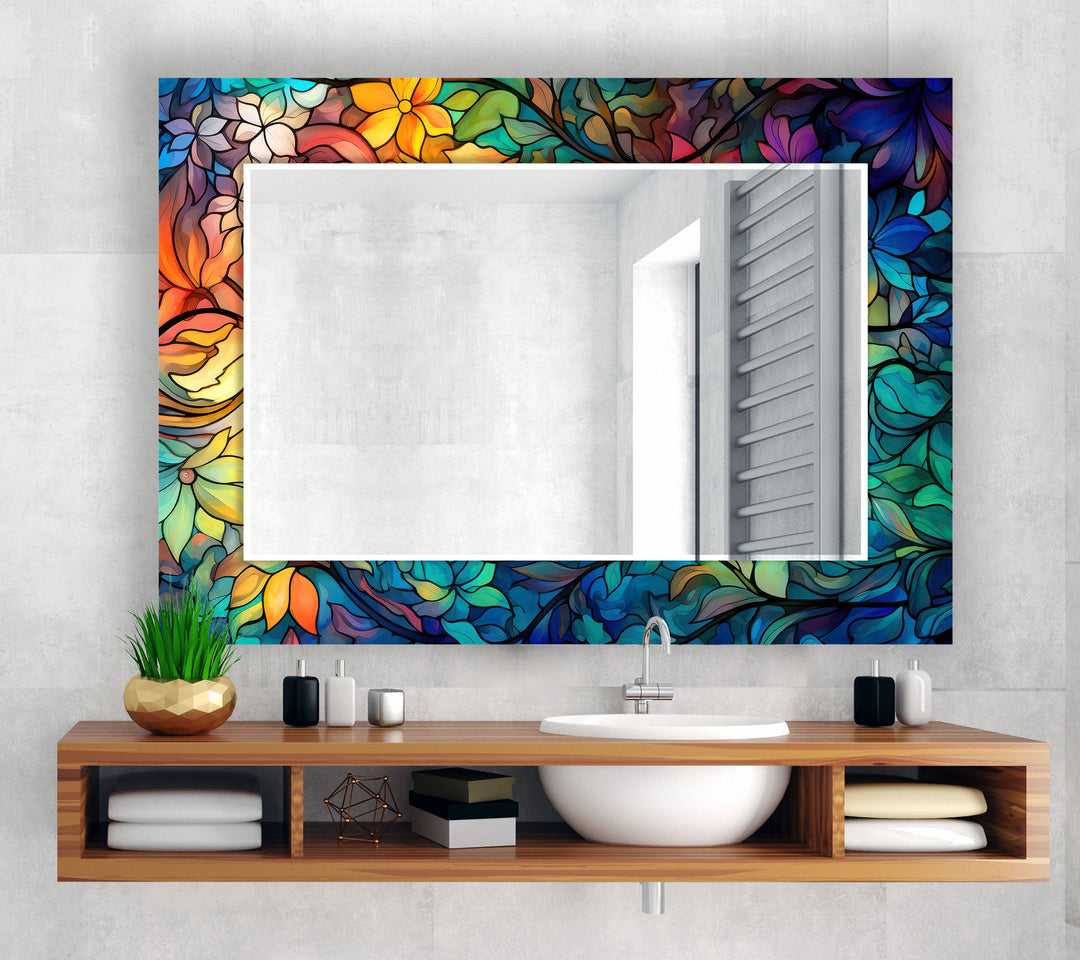 Blue Leaves Stained Wall Mirror Rectangle Mirror
