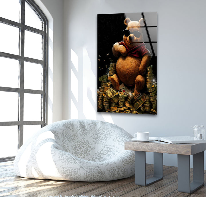 Money Bear Glass Wall Art custom glass pictures, glass art prints
