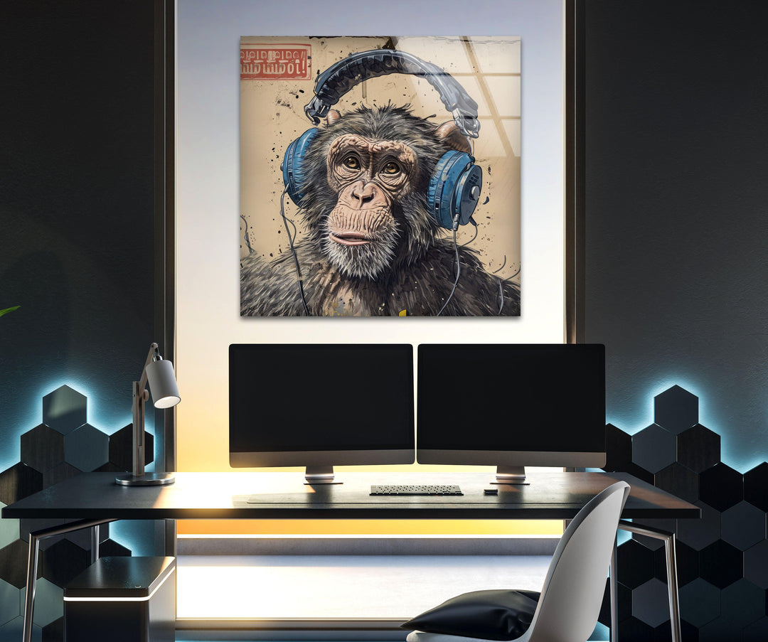 Monkey in Headphones Tempered Glass Wall Art - MyPhotoStation. Banksy prints for sale . Artdesigna Glass Printing Wall Art