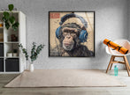 Monkey in Headphones Tempered Glass Wall Art .Banksy original art for sale. Artdesigna Glass Printing Wall Art.