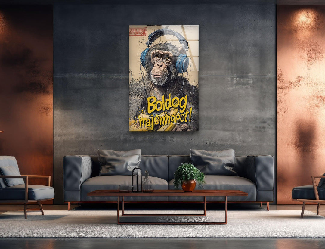 Monkey in Headphones Tempered Glass Wall Art - MyPhotoStation. Artdesigna Glass Printing Wall Arts