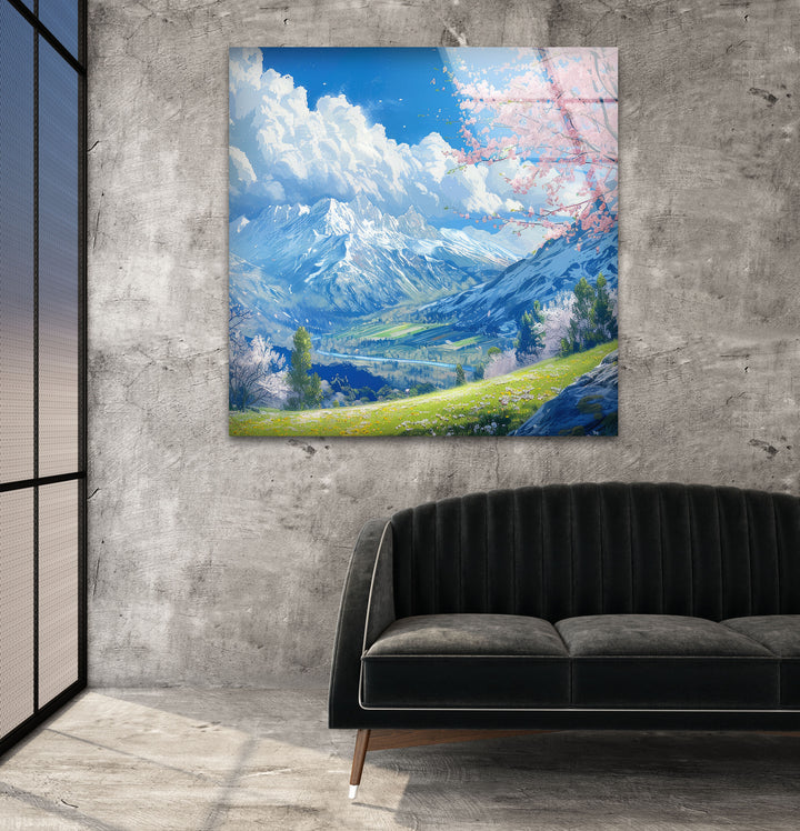 Mountains & Sakura Landscape Glass Wall Art print picture on glass, Tempered Glass Wall Art