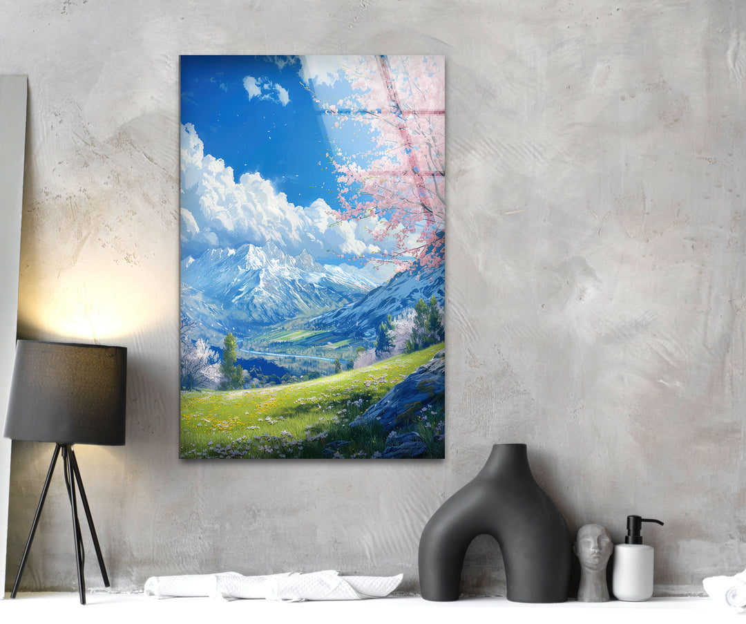 Mountains & Sakura Landscape Glass Wall Art print on glass, glass printed photos