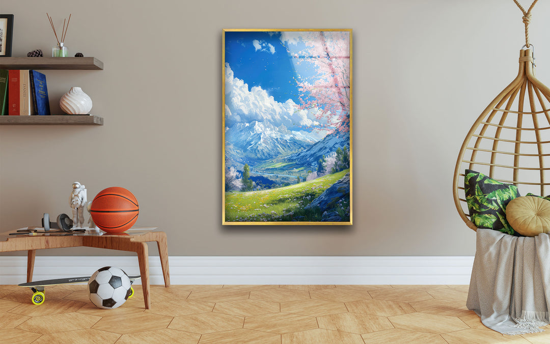 Mountains & Sakura Landscape Glass Wall Art Glass Printing Wall Art, Print photos on glass