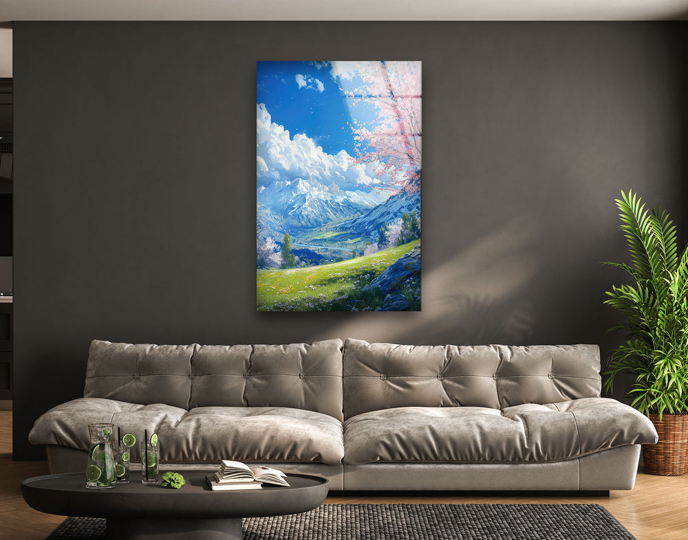 Mountains & Sakura Landscape Glass Wall Art custom glass photo prints, large glass prints