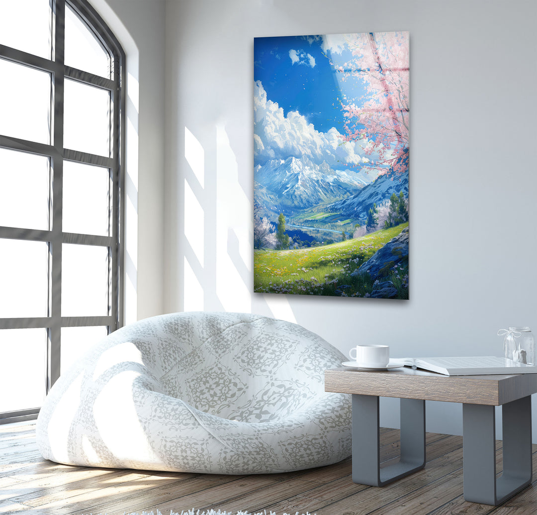 Mountains & Sakura Landscape Glass Wall Art picture on glass wall art, photos printed on glass