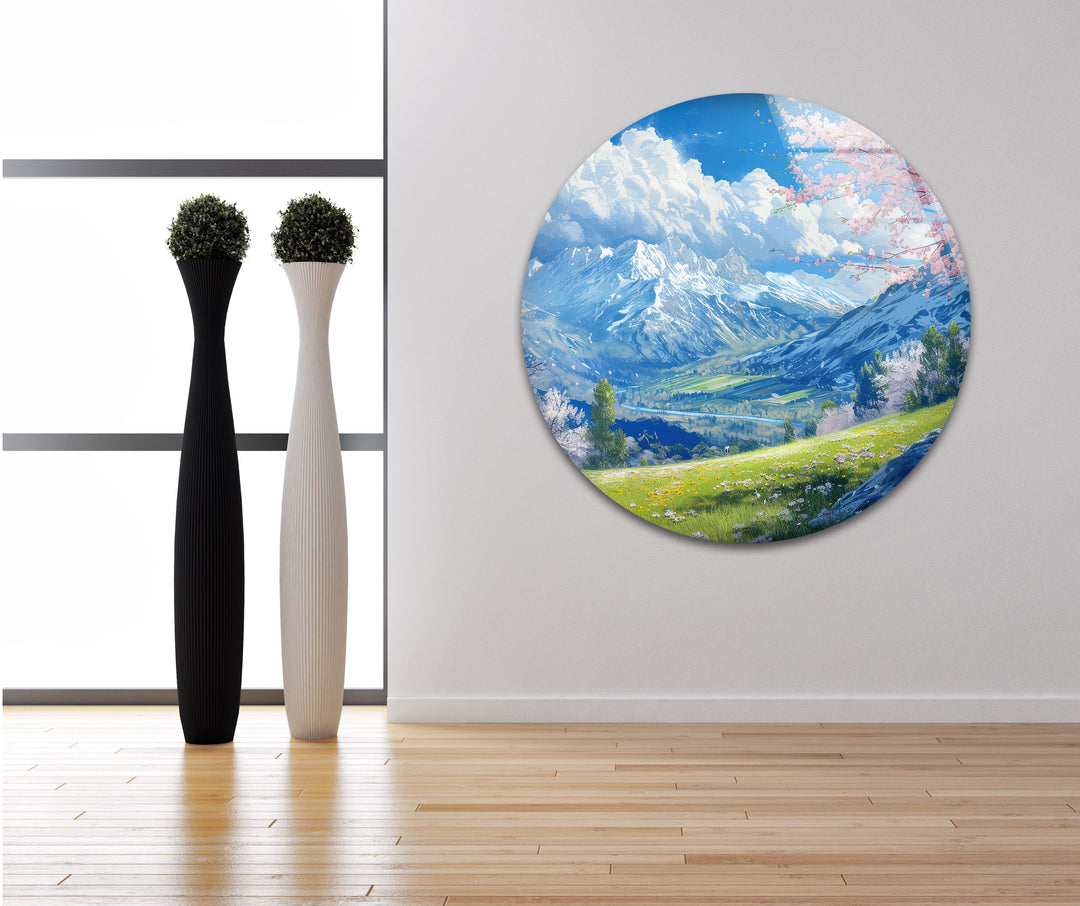 Mountains & Sakura Landscape Glass Wall Art glass photo prints, glass picture prints