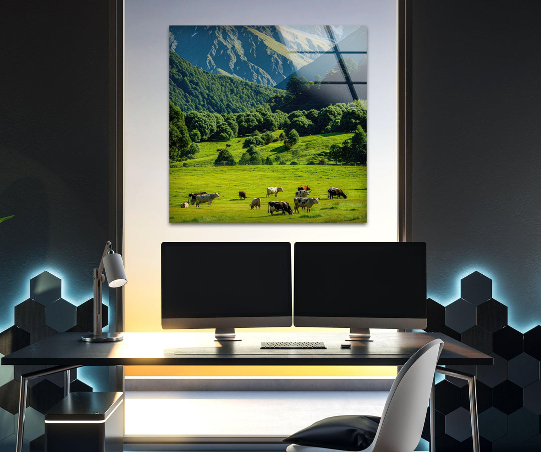 Cows & Mountains Landscape Glass Wall Art art glass wall art, glass wall art pictures