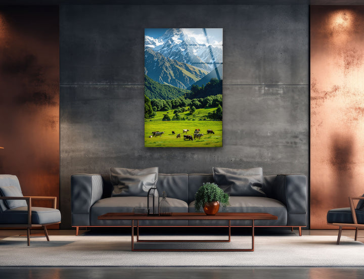 Cows & Mountains Landscape Glass Wall Art glass photo prints, glass picture prints