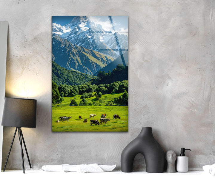 Cows & Mountains Landscape Glass Wall Art print on glass, glass printed photos