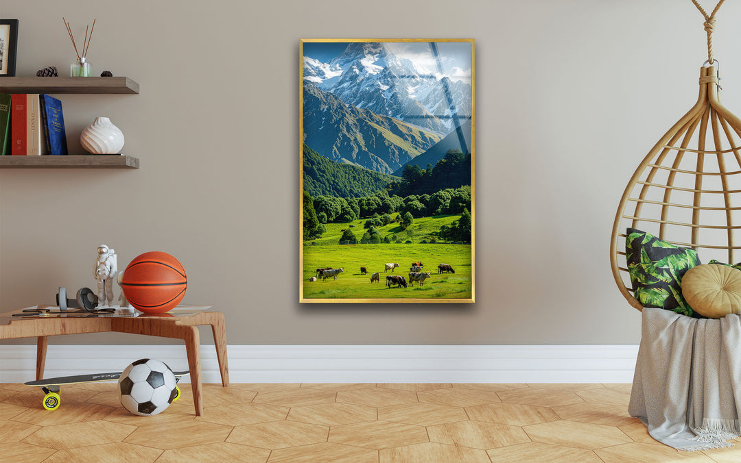 Cows & Mountains Landscape Glass Wall Art glass image printing, glass prints from photos