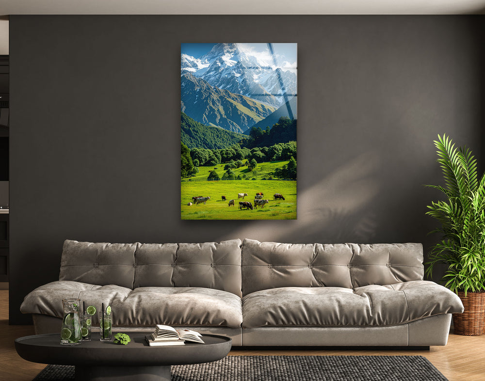 Cows & Mountains Landscape Glass Wall Art picture on glass wall art, photos printed on glass