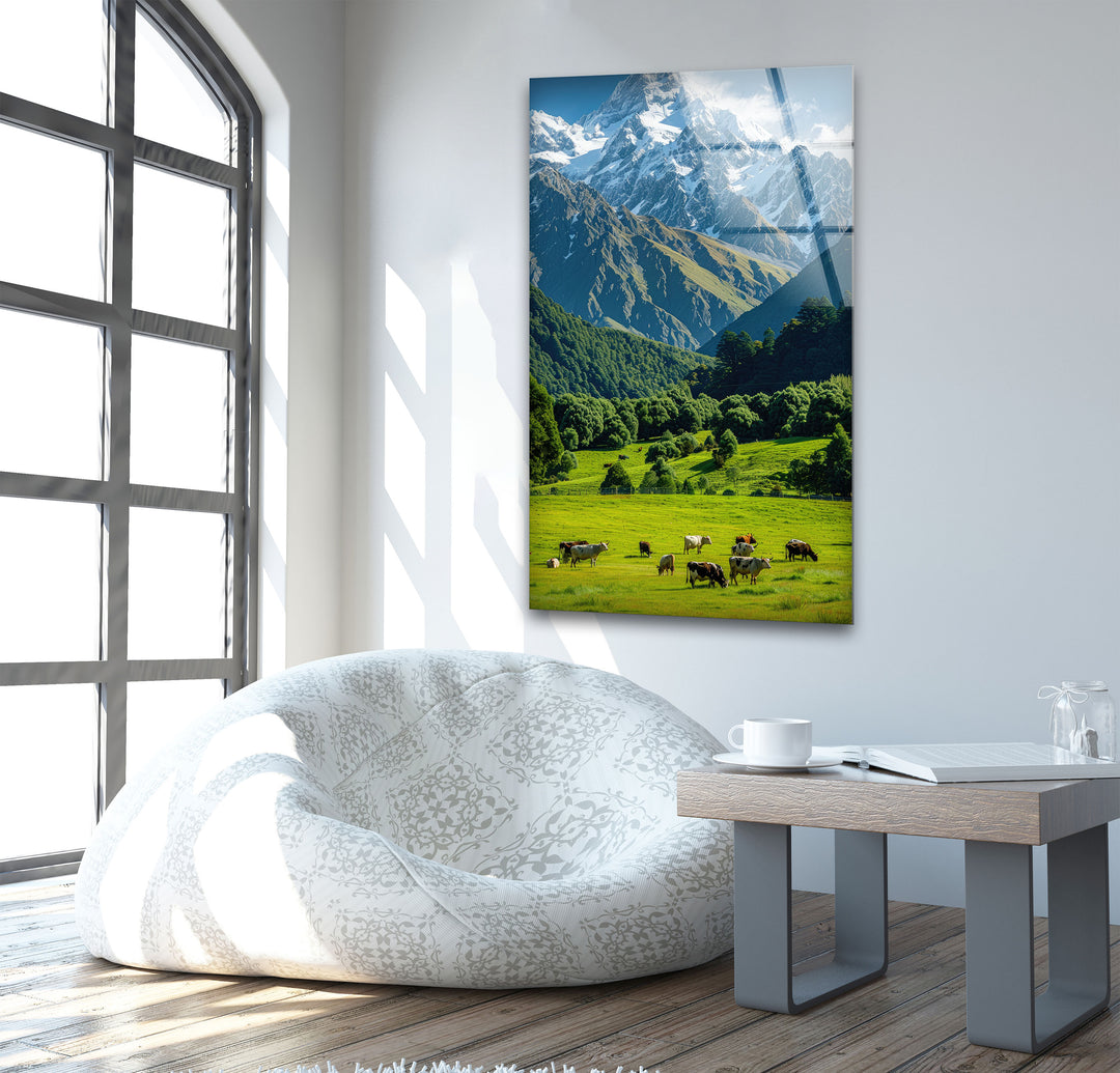 Cows & Mountains Landscape Glass Wall Art print picture on glass, Tempered Glass Wall Art