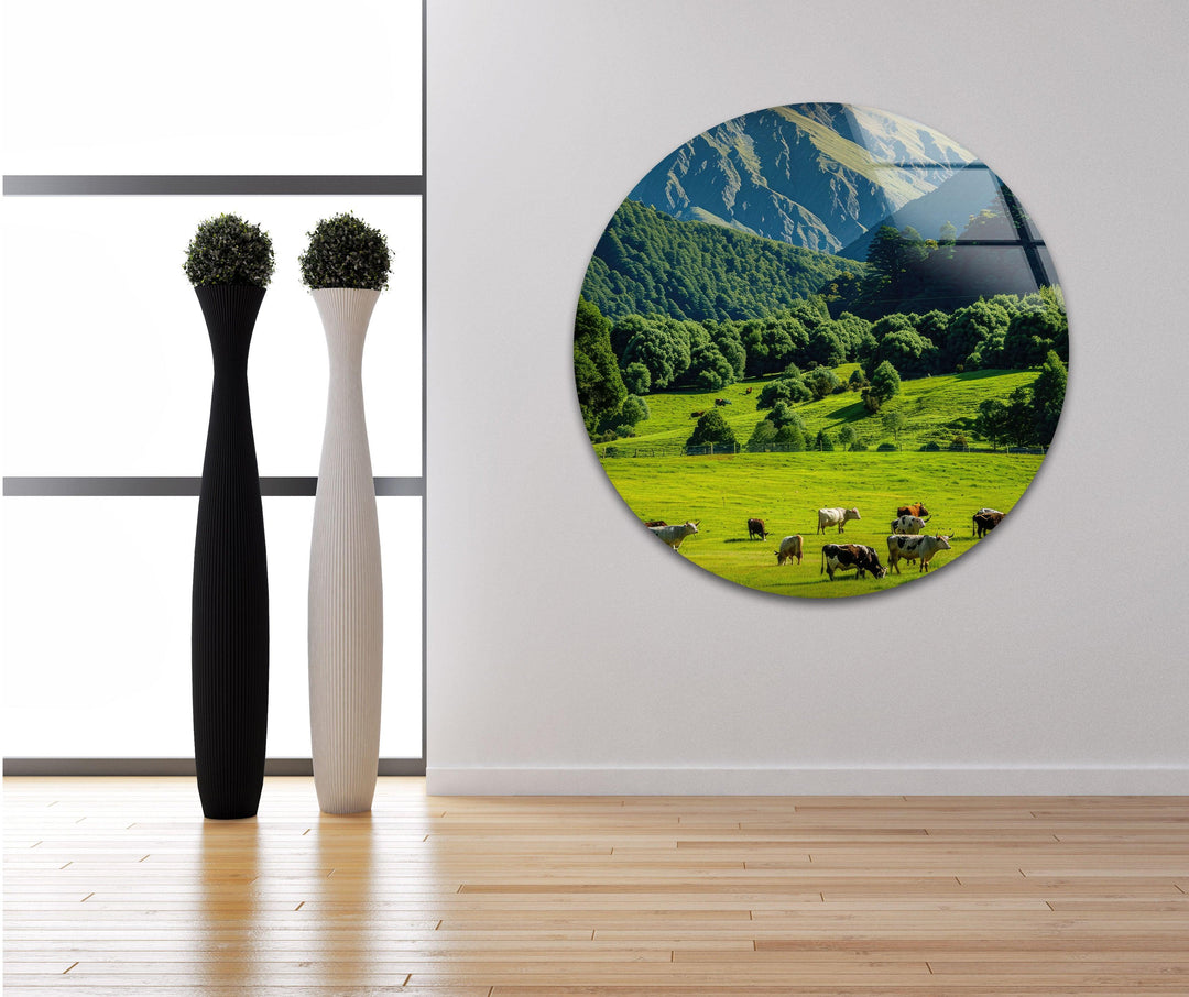 Cows & Mountains Landscape Glass Wall Art glass wall decor, glass wall art decor