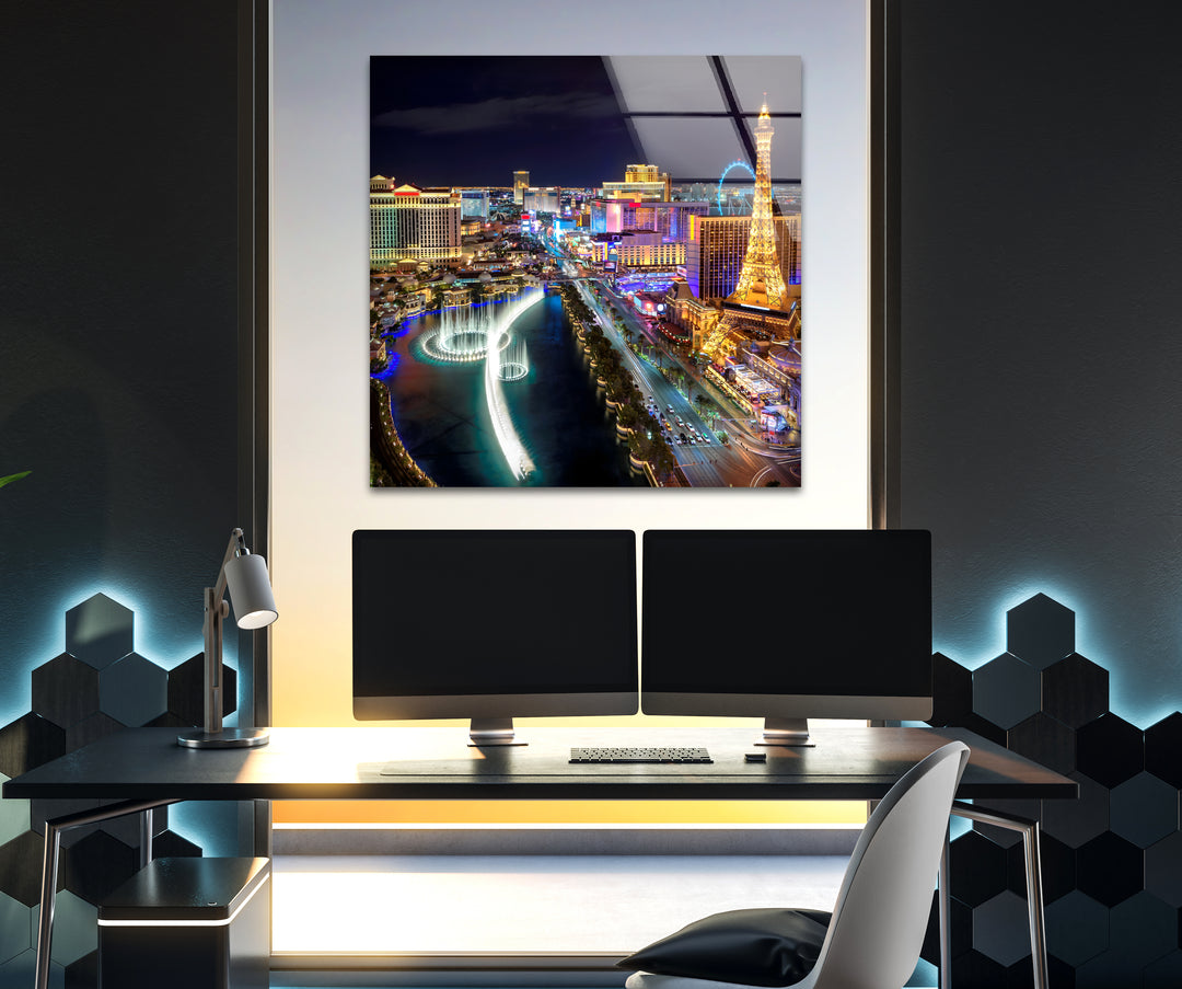 Las Vegas Skyline Glass Wall Art - Illuminated Strip at Night