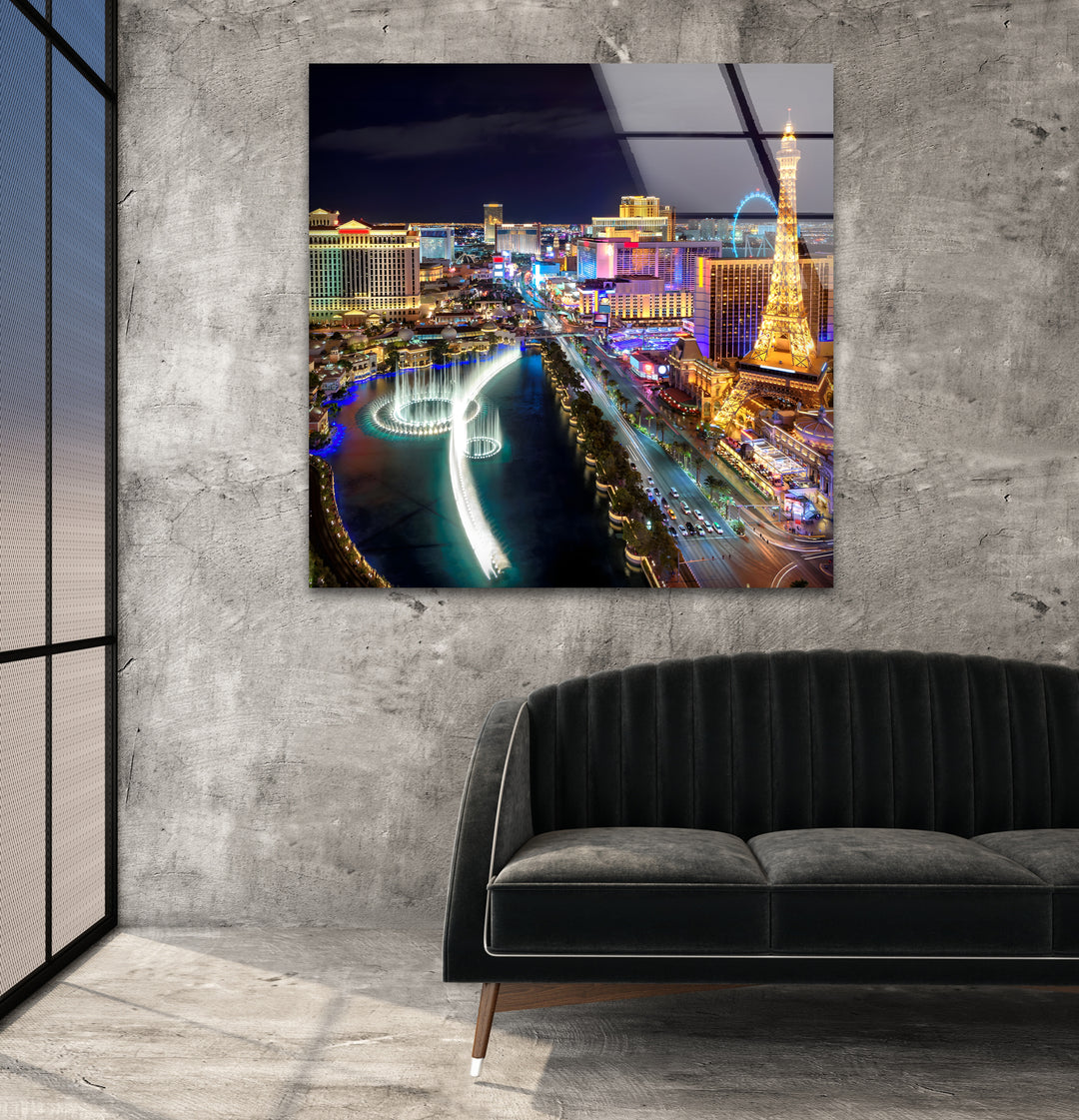 Las Vegas Skyline Glass Wall Art - Illuminated Strip at Night