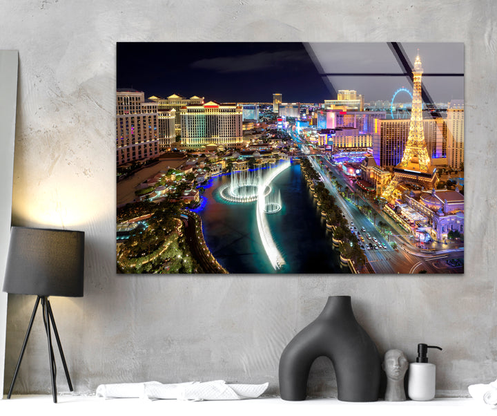 Las Vegas Skyline Glass Wall Art - Illuminated Strip at Night