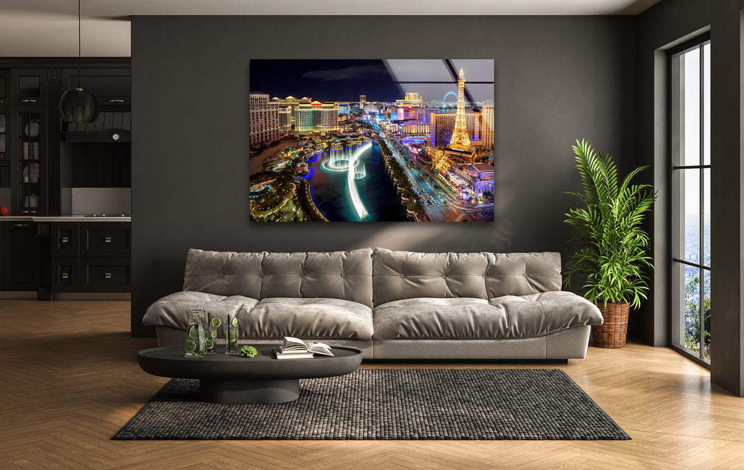 Las Vegas Skyline Glass Wall Art - Illuminated Strip at Night