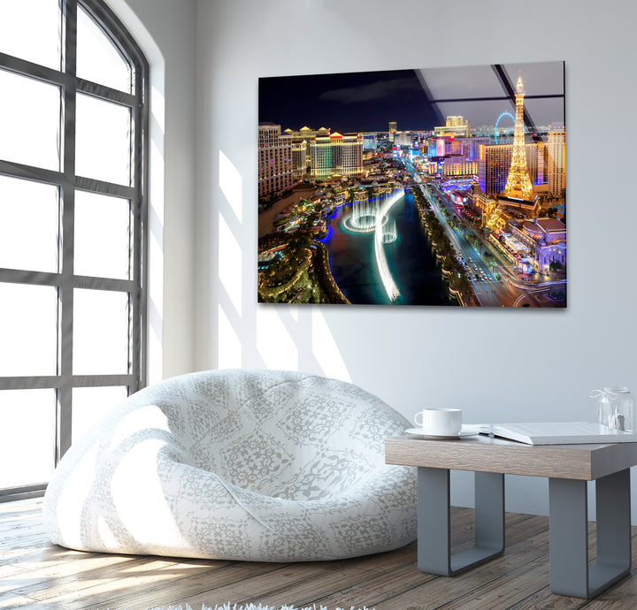 Las Vegas Skyline Glass Wall Art - Illuminated Strip at Night