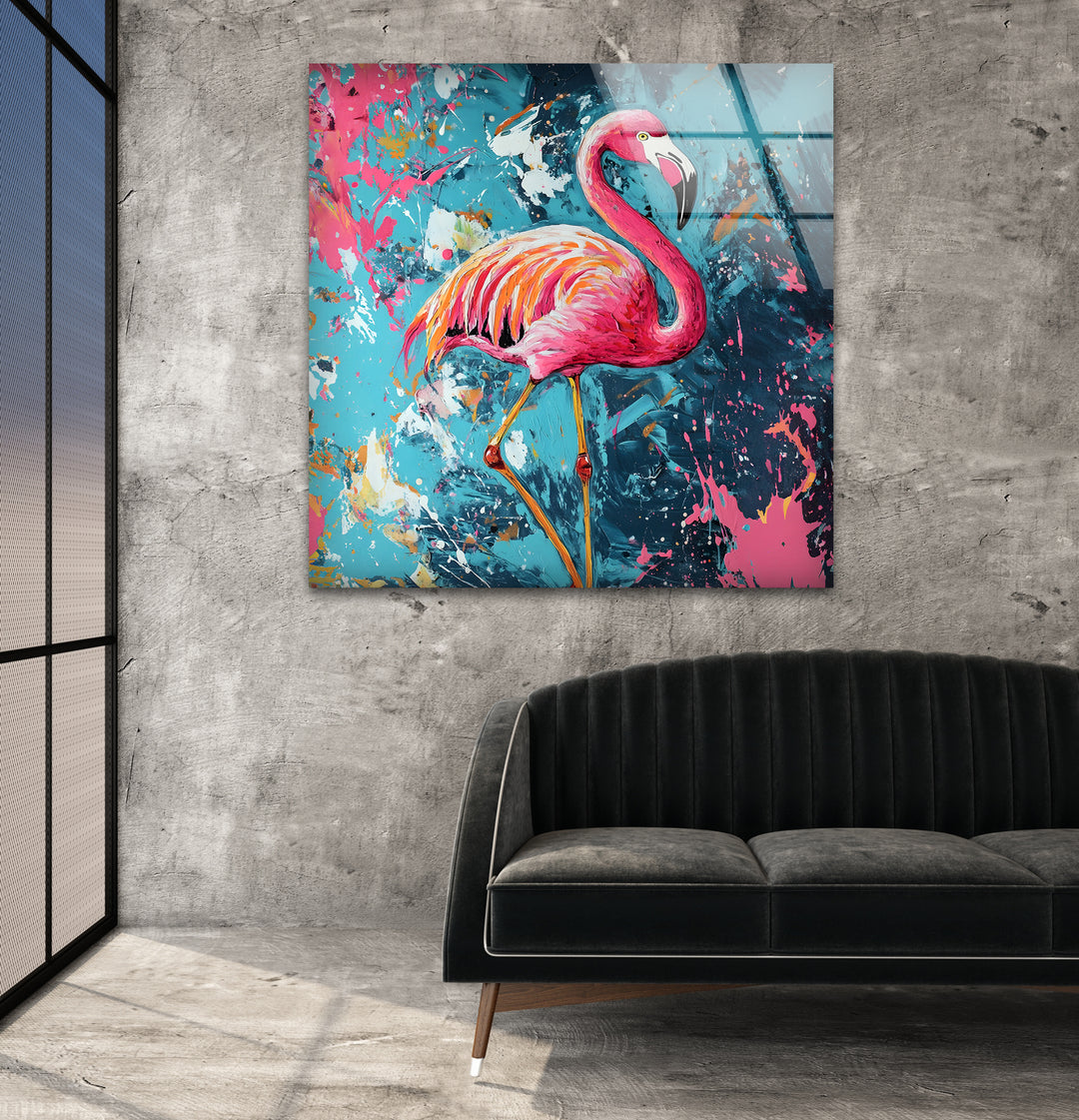 Oil Painting Flamingo Glass Wall Art picture on glass wall art, photos printed on glass
