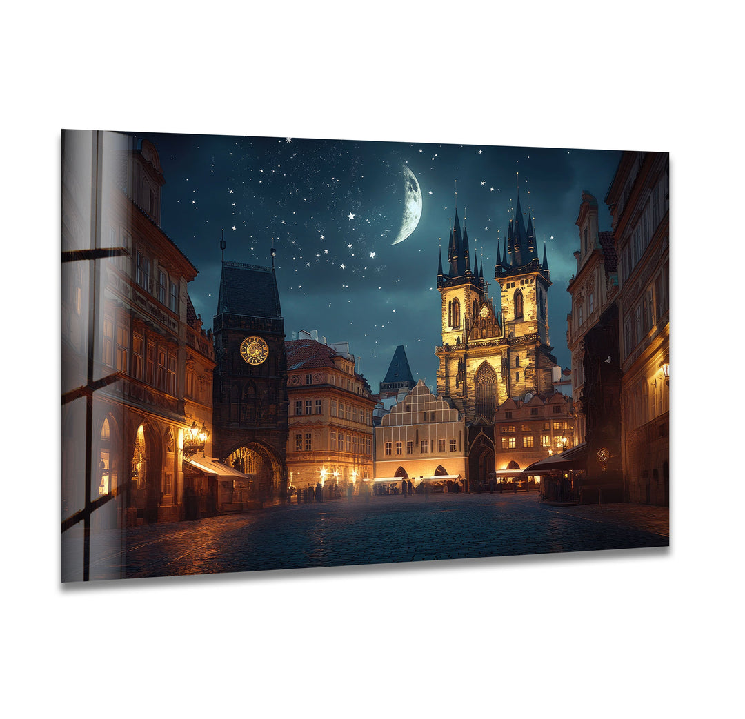 Night Old Town Square in Prague Glass Wall Art print picture on glass, Tempered Glass Wall Art
