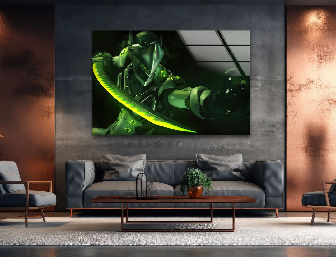 Overwatch Genji Green Glass Wall Art custom glass photo prints, large glass prints
