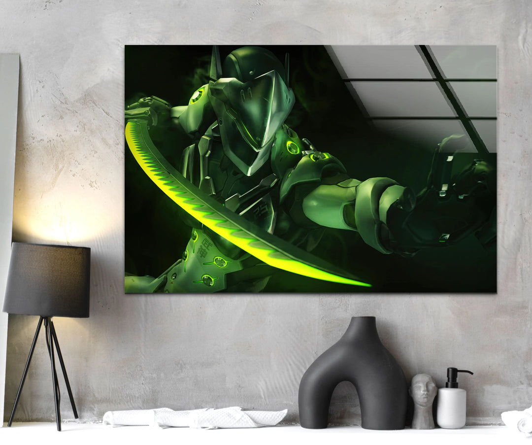 Overwatch Genji Green Glass Wall Art picture on glass wall art, photos printed on glass
