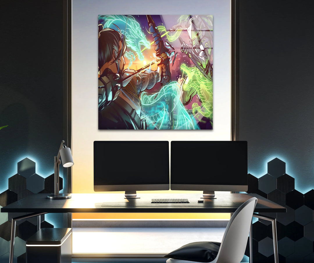 Overwatch Hanzo vs Genji Glass Wall Art glass pictures for Wall, glass prints wall art
