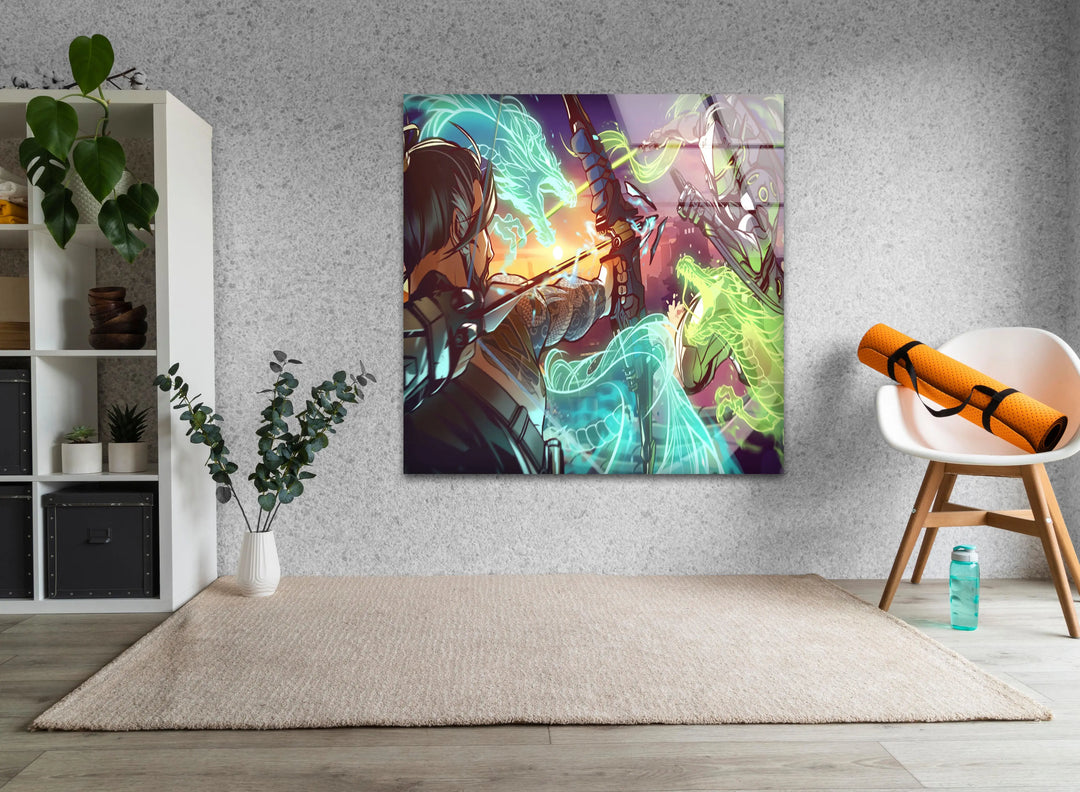 Overwatch Hanzo vs Genji Glass Wall Art photo print on glass, prints on glass wall art
