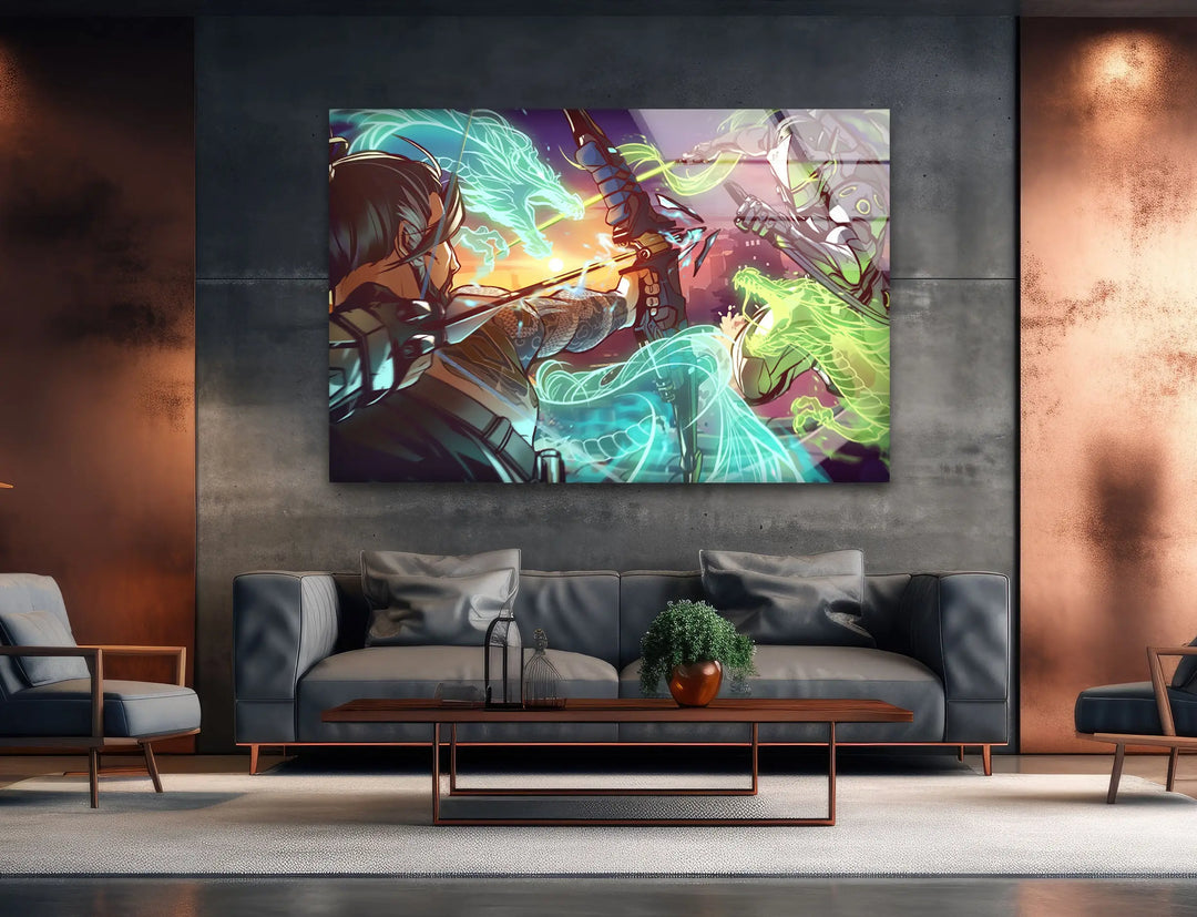 Overwatch Hanzo vs Genji Glass Wall Art picture on glass wall art, photos printed on glass
