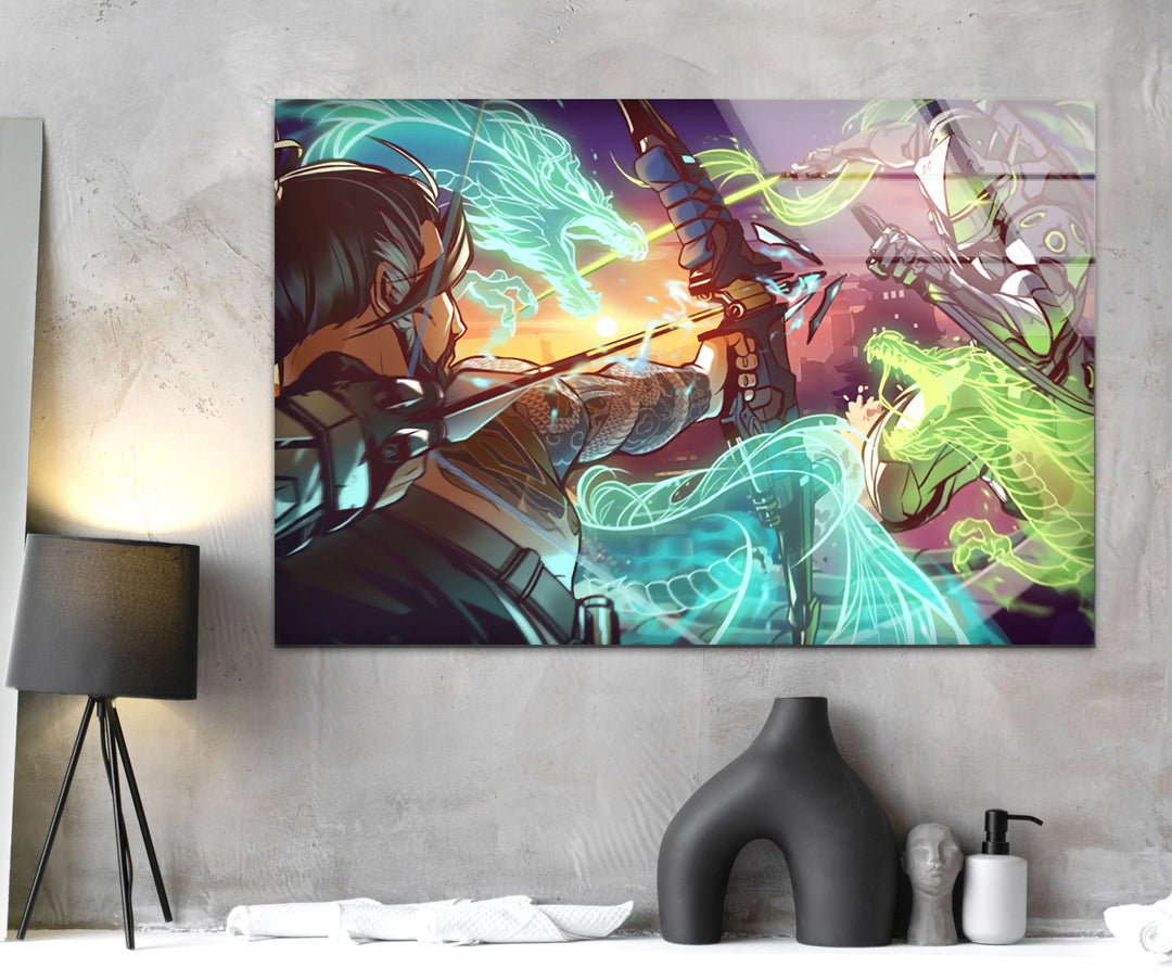 Overwatch Hanzo vs Genji Glass Wall Art custom glass photo prints, large glass prints
