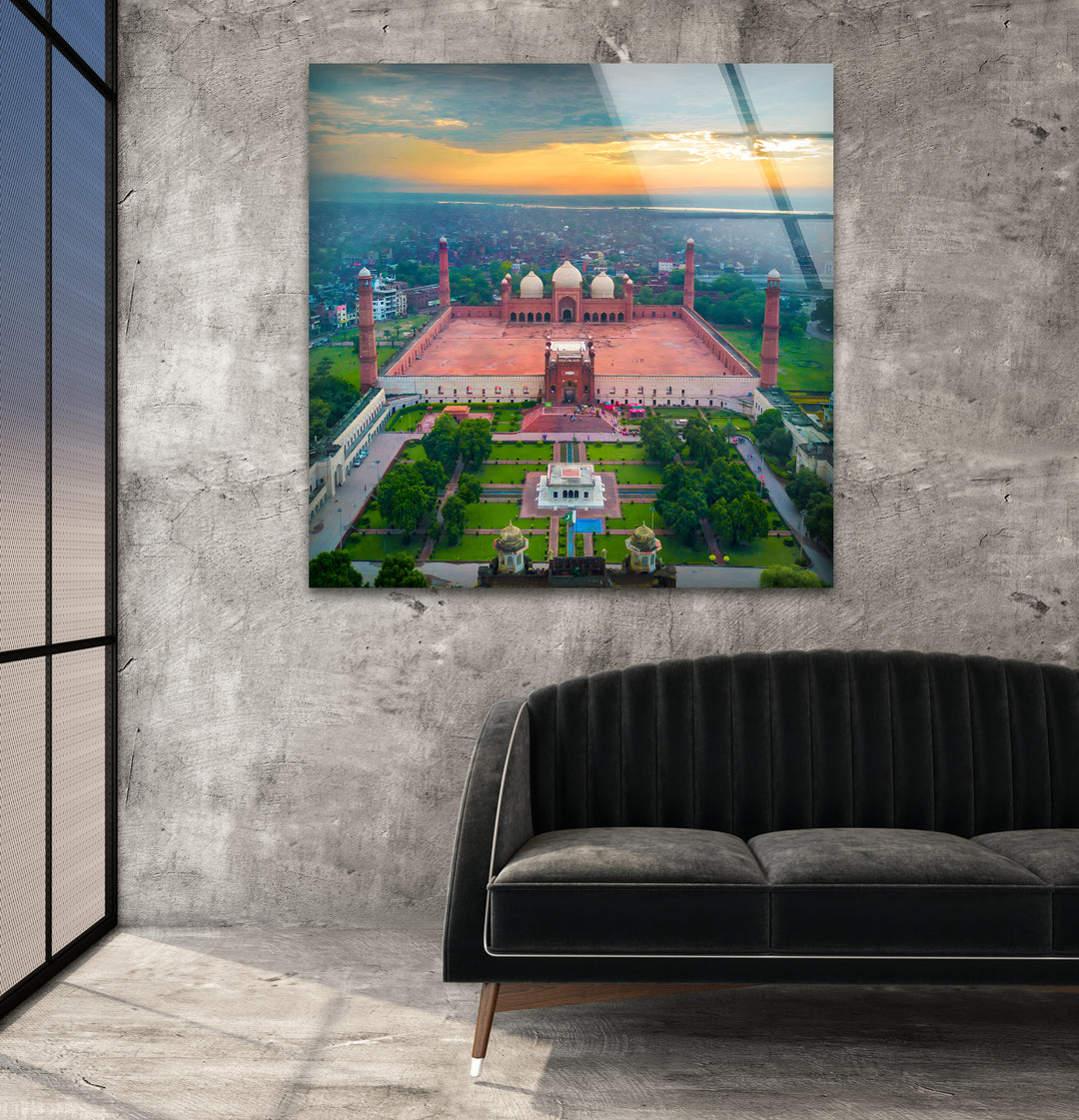 Badshahi Mosque Glass Wall Art - Aerial View of Iconic Lahore Landmark