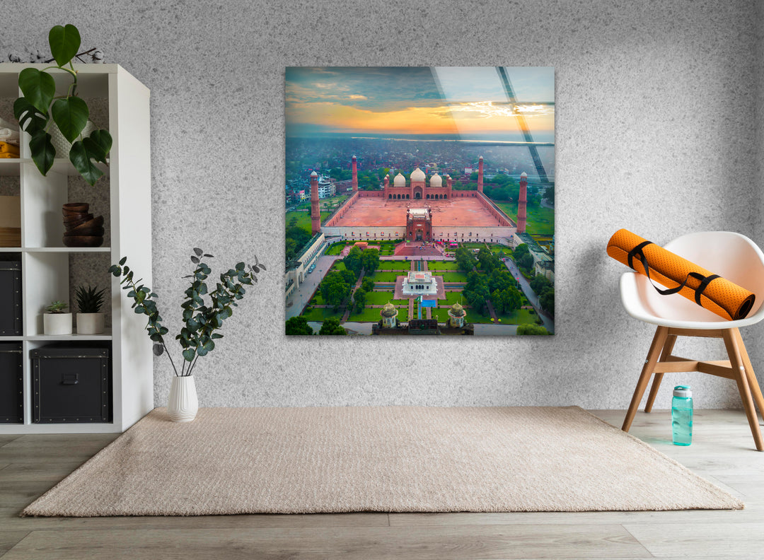 Badshahi Mosque Glass Wall Art - Aerial View of Iconic Lahore Landmark